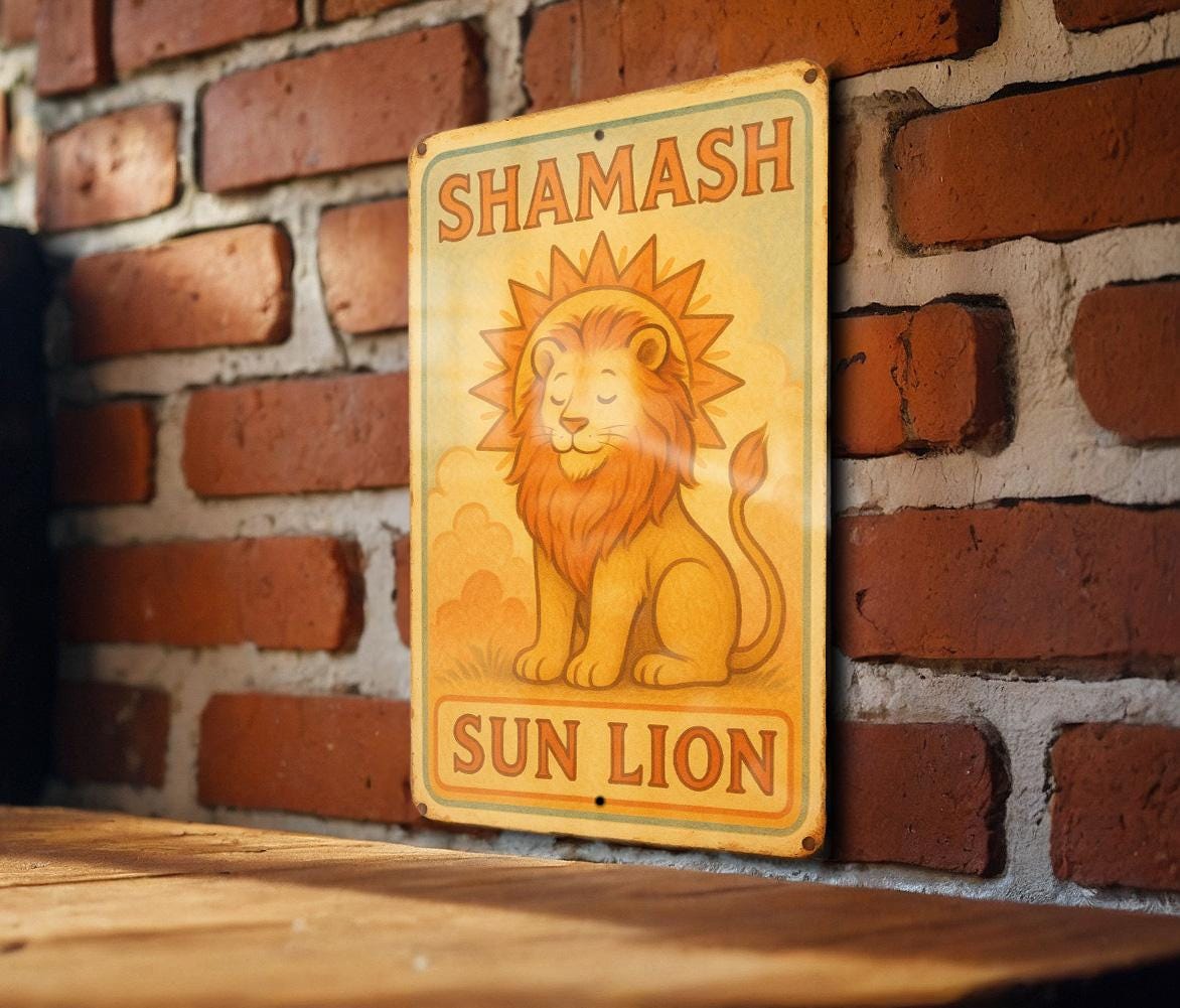 1950s Shamash Sun Lion Tin Sign – Storybook Style Metal Wall Art, Pastel Vintage Decor, Cozy Retro Vibes, Aged Edges — photo 1