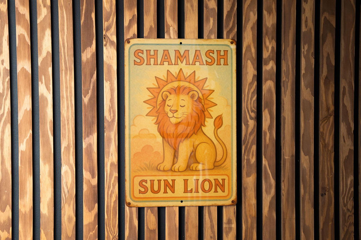 1950s Shamash Sun Lion Tin Sign – Storybook Style Metal Wall Art, Pastel Vintage Decor, Cozy Retro Vibes, Aged Edges — photo 2