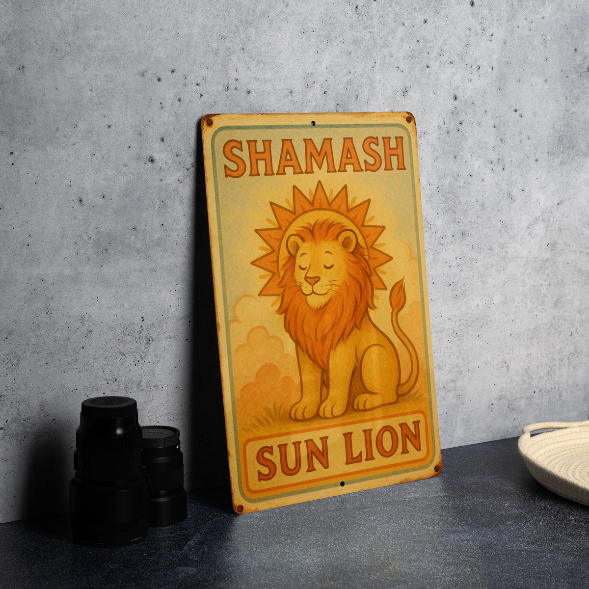 1950s Shamash Sun Lion Tin Sign – Storybook Style Metal Wall Art, Pastel Vintage Decor, Cozy Retro Vibes, Aged Edges — photo 3