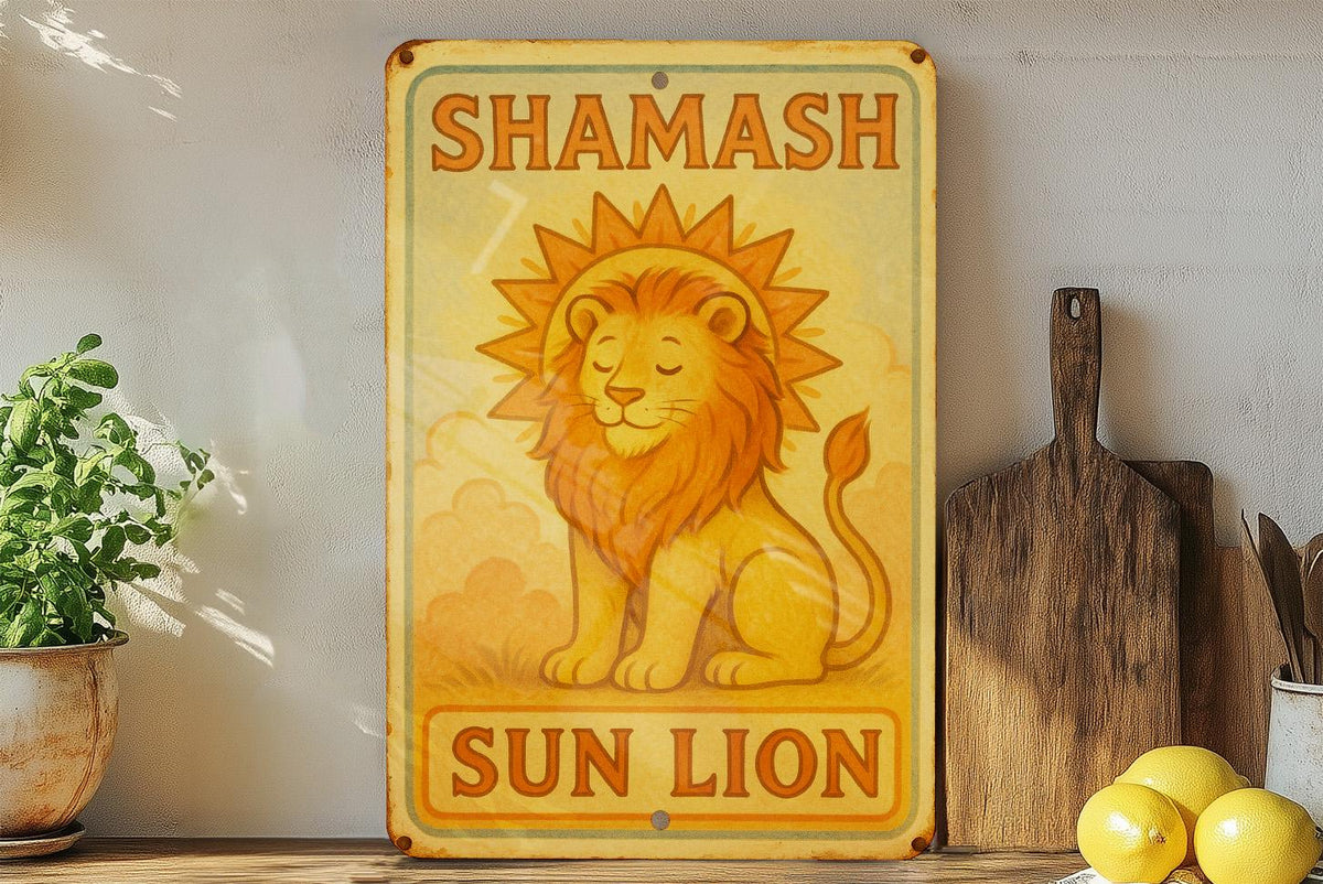 1950s Shamash Sun Lion Tin Sign – Storybook Style Metal Wall Art, Pastel Vintage Decor, Cozy Retro Vibes, Aged Edges — photo 4