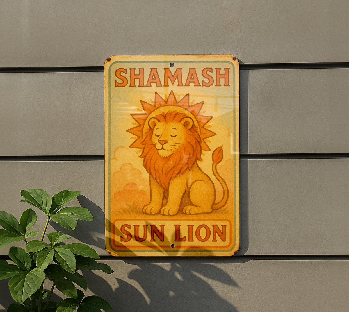1950s Shamash Sun Lion Tin Sign – Storybook Style Metal Wall Art, Pastel Vintage Decor, Cozy Retro Vibes, Aged Edges — photo 5