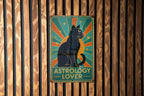 Astrology Cat Art Deco Tin Sign – Vintage Travel Poster Style, Geometric Rays, Turquoise Gold Patina Metal Wall Decor — photo 1