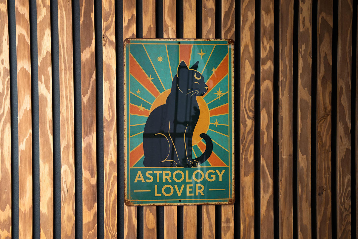 Astrology Cat Art Deco Tin Sign – Vintage Travel Poster Style, Geometric Rays, Turquoise Gold Patina Metal Wall Decor — photo 1
