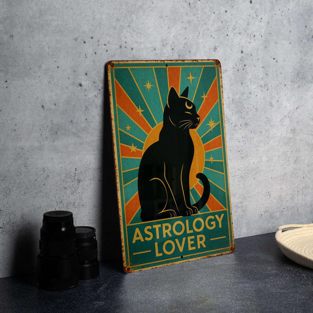 Astrology Cat Art Deco Tin Sign – Vintage Travel Poster Style, Geometric Rays, Turquoise Gold Patina Metal Wall Decor — photo 2