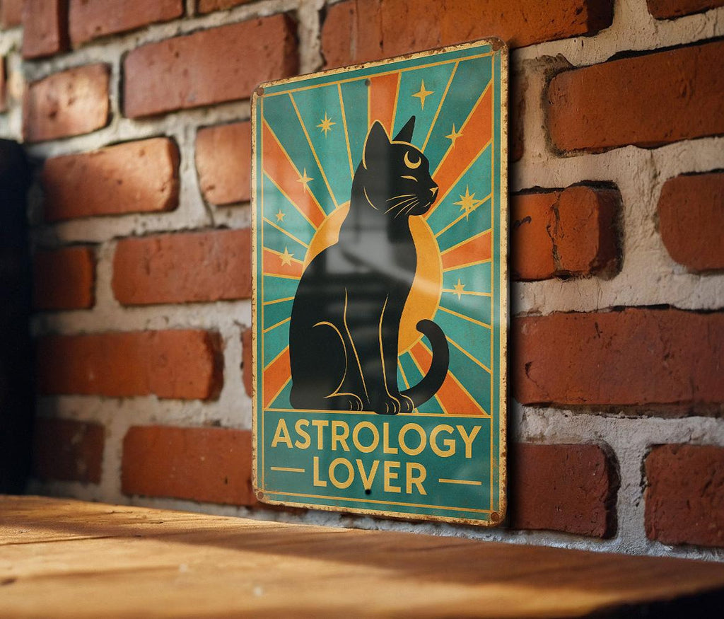 Astrology Cat Art Deco Tin Sign – Vintage Travel Poster Style, Geometric Rays, Turquoise Gold Patina Metal Wall Decor — photo 3