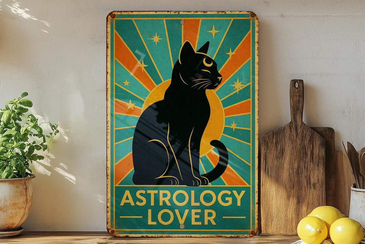 Astrology Cat Art Deco Tin Sign – Vintage Travel Poster Style, Geometric Rays, Turquoise Gold Patina Metal Wall Decor — photo 4