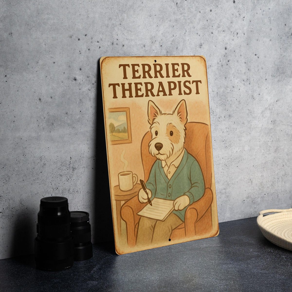 1950s Terrier Therapist Tin Sign – Vintage Storybook Style Metal Wall Decor, Pastel Colors, Cozy Retro Dog Art Print — photo 1