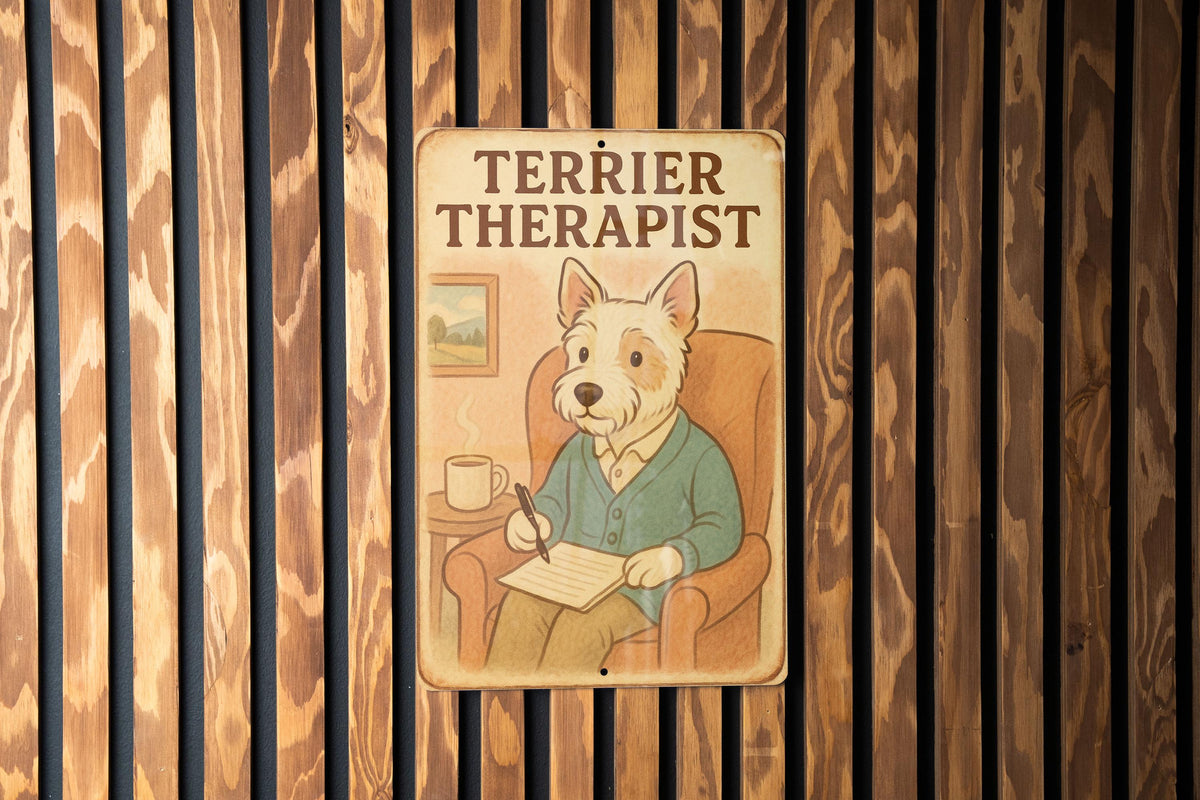 1950s Terrier Therapist Tin Sign – Vintage Storybook Style Metal Wall Decor, Pastel Colors, Cozy Retro Dog Art Print — photo 3