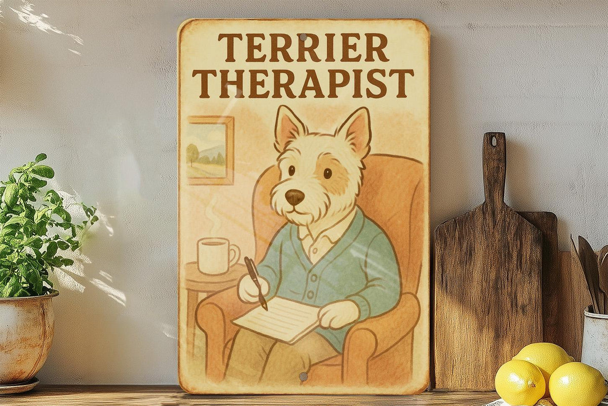 1950s Terrier Therapist Tin Sign – Vintage Storybook Style Metal Wall Decor, Pastel Colors, Cozy Retro Dog Art Print — photo 4
