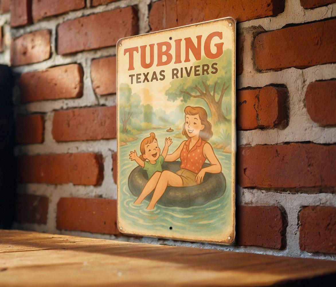 1950s Tubing Texas Rivers Metal Sign – Vintage Storybook Style Wall Decor, Pastel Tin Sign, Retro Cozy Home Art Plaque — photo 1