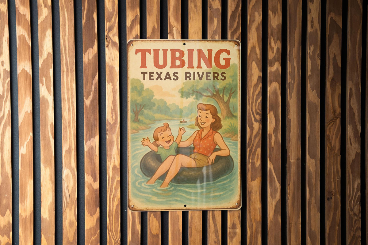 1950s Tubing Texas Rivers Metal Sign – Vintage Storybook Style Wall Decor, Pastel Tin Sign, Retro Cozy Home Art Plaque — photo 2