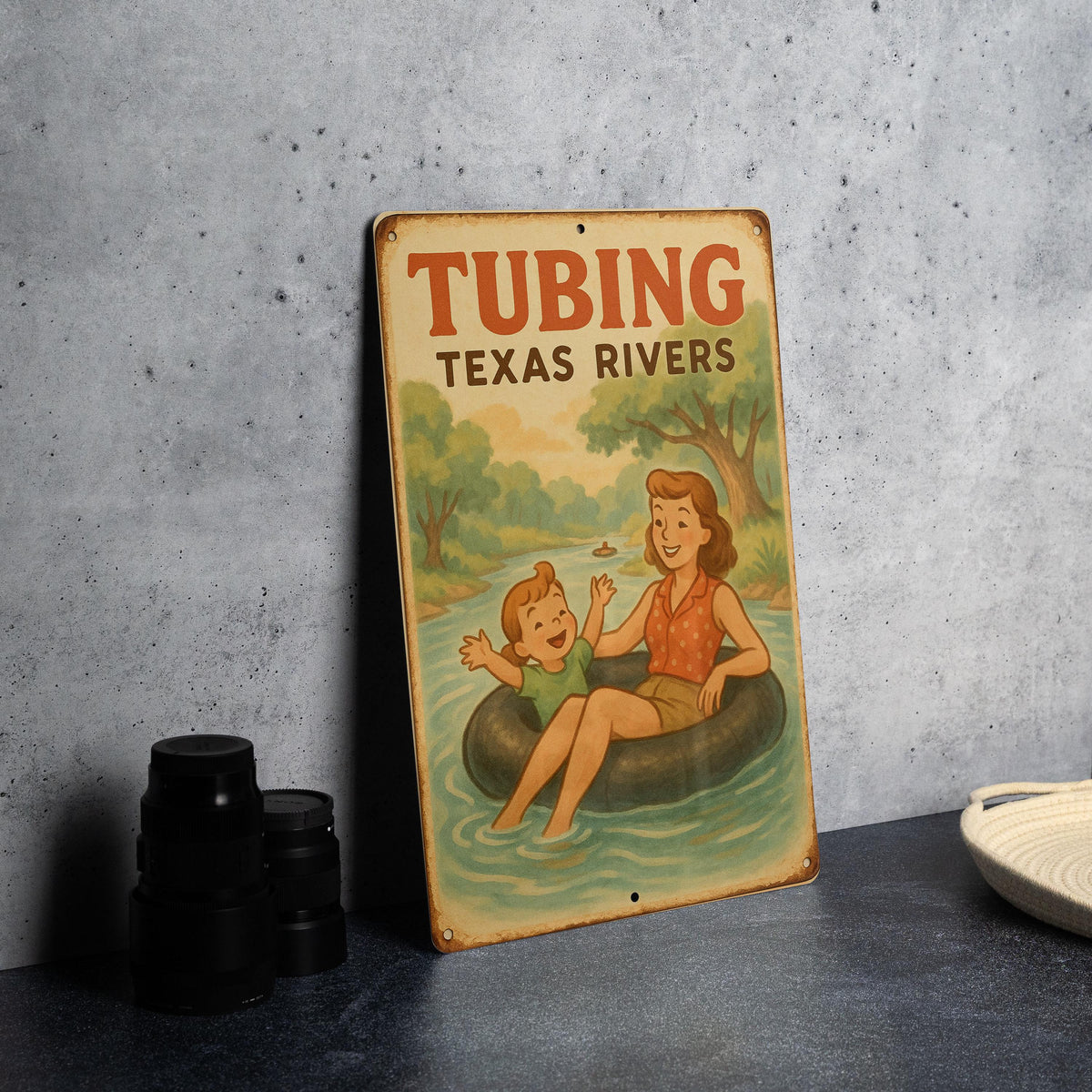 1950s Tubing Texas Rivers Metal Sign – Vintage Storybook Style Wall Decor, Pastel Tin Sign, Retro Cozy Home Art Plaque — photo 3