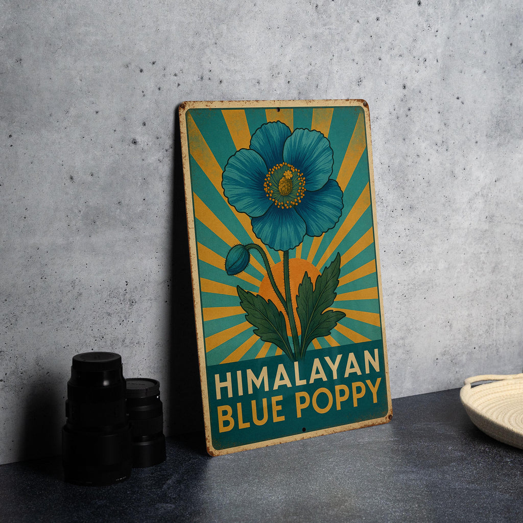 Art Deco Himalayan Blue Poppy Metal Sign – Vintage Travel Poster Style Tin Wall Art, Geometric Rays, Turquoise & Gold Decor — photo 2