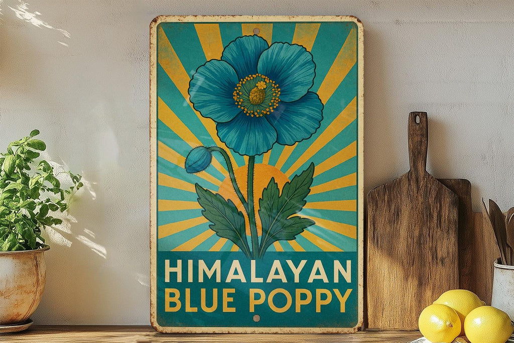 Art Deco Himalayan Blue Poppy Metal Sign – Vintage Travel Poster Style Tin Wall Art, Geometric Rays, Turquoise & Gold Decor — photo 4