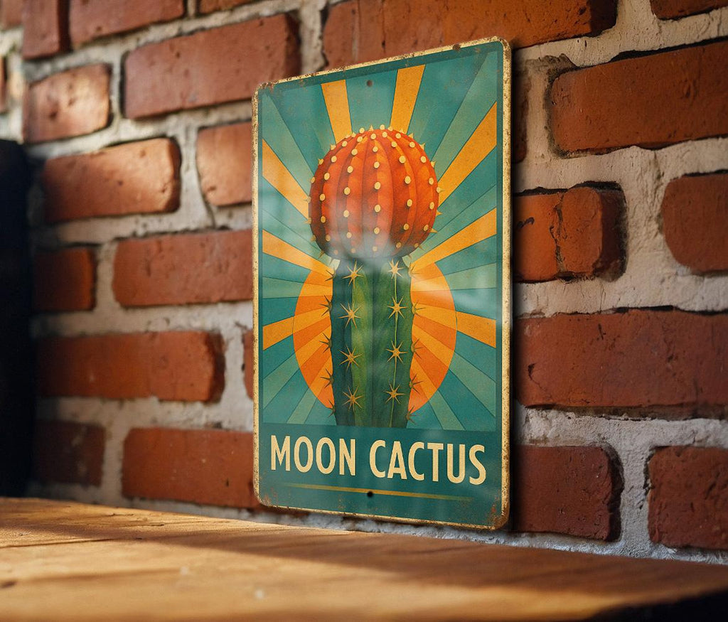 Art Deco Moon Cactus Metal Sign – Retro Travel Poster Style, Geometric Rays, Turquoise & Gold, Vintage Tin Wall Decor — photo 1