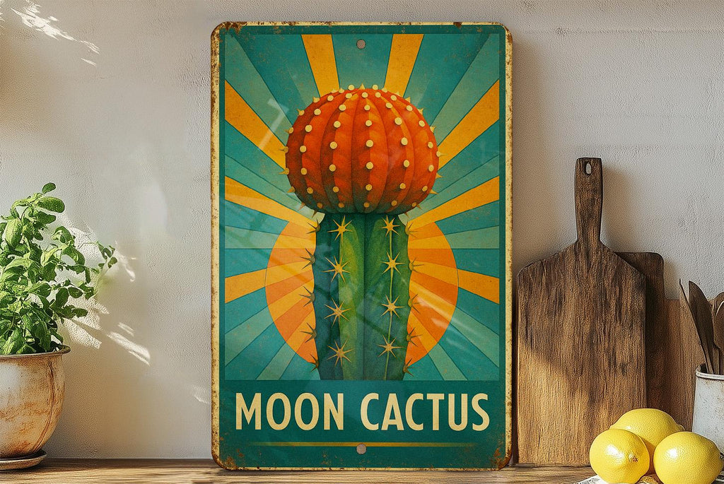 Art Deco Moon Cactus Metal Sign – Retro Travel Poster Style, Geometric Rays, Turquoise & Gold, Vintage Tin Wall Decor — photo 4