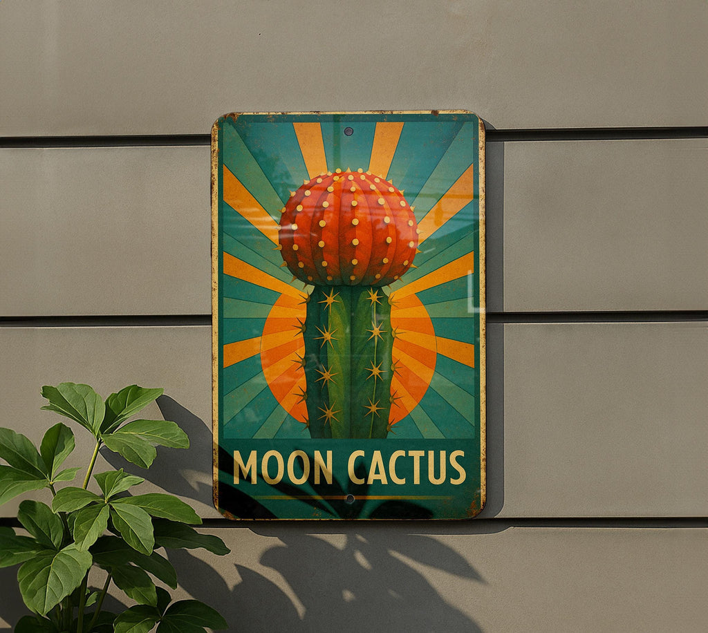 Art Deco Moon Cactus Metal Sign – Retro Travel Poster Style, Geometric Rays, Turquoise & Gold, Vintage Tin Wall Decor — photo 5