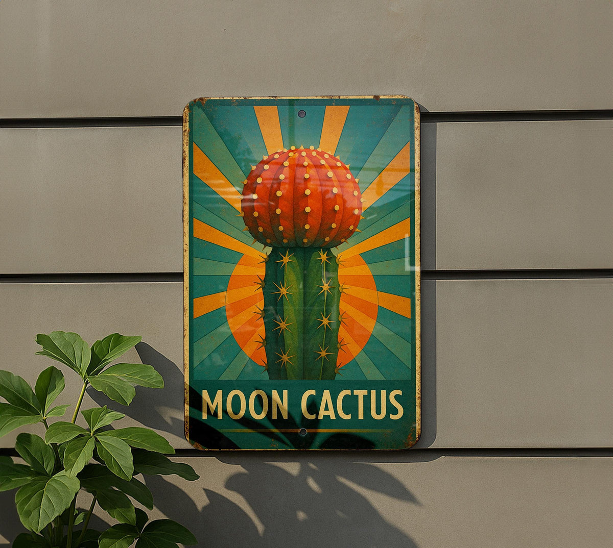 Art Deco Moon Cactus Metal Sign – Retro Travel Poster Style, Geometric Rays, Turquoise & Gold, Vintage Tin Wall Decor — photo 5