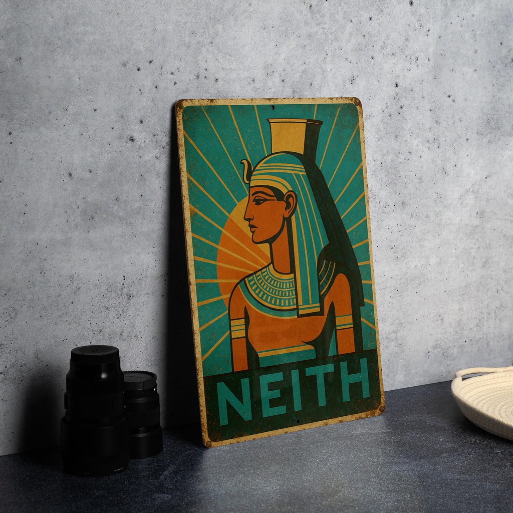 Art Deco Neith Travel Poster Tin Sign – Vintage Metal Wall Art, Geometric Rays, Turquoise Gold Orange, Retro Home Decor — photo 1