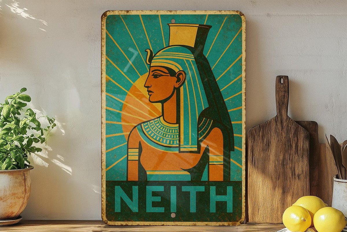 Art Deco Neith Travel Poster Tin Sign – Vintage Metal Wall Art, Geometric Rays, Turquoise Gold Orange, Retro Home Decor — photo 4