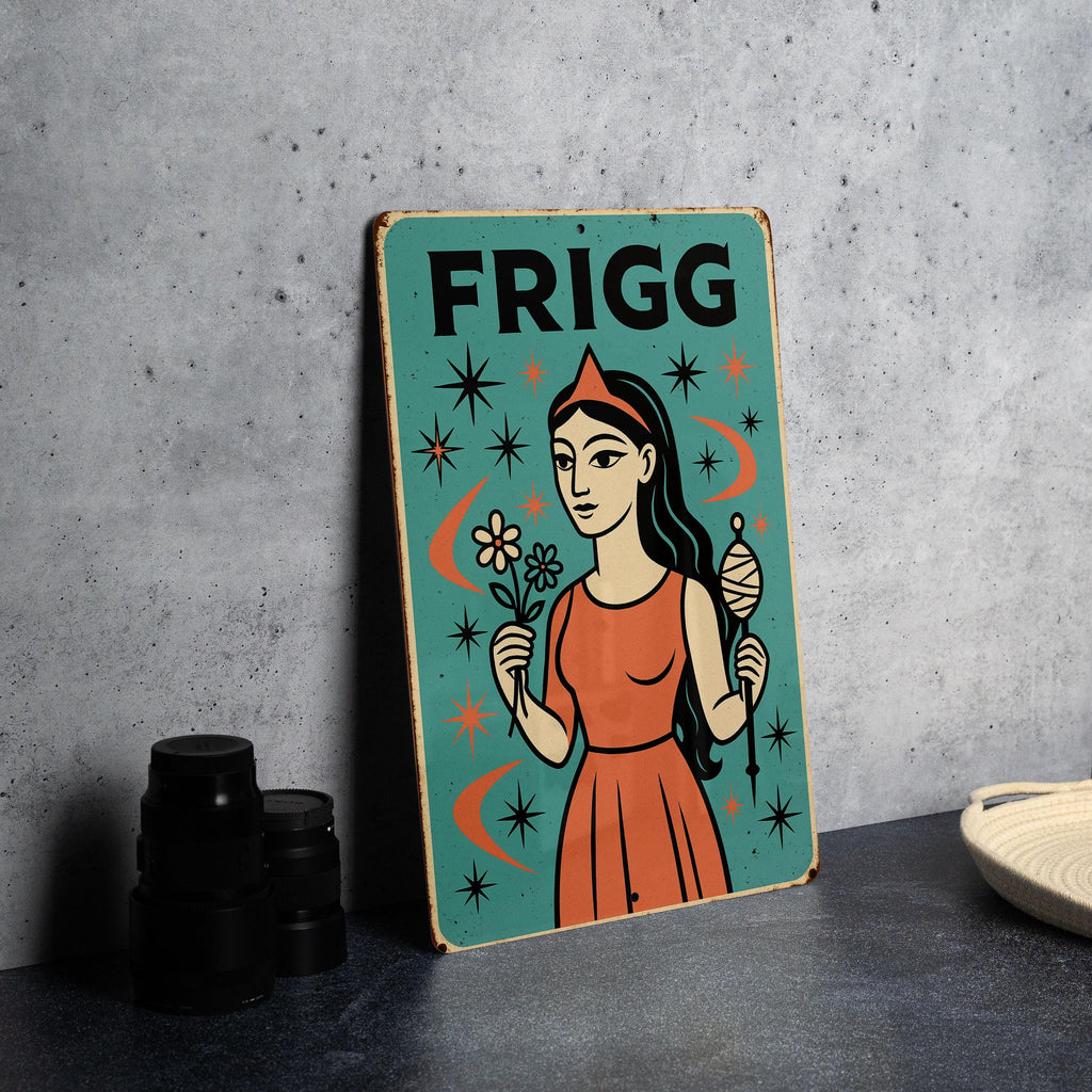Atomic Age Frigg Goddess Metal Sign – Turquoise & Coral Starburst, Retro Boomerang Wall Art, Mid Century Modern Decor — photo 1