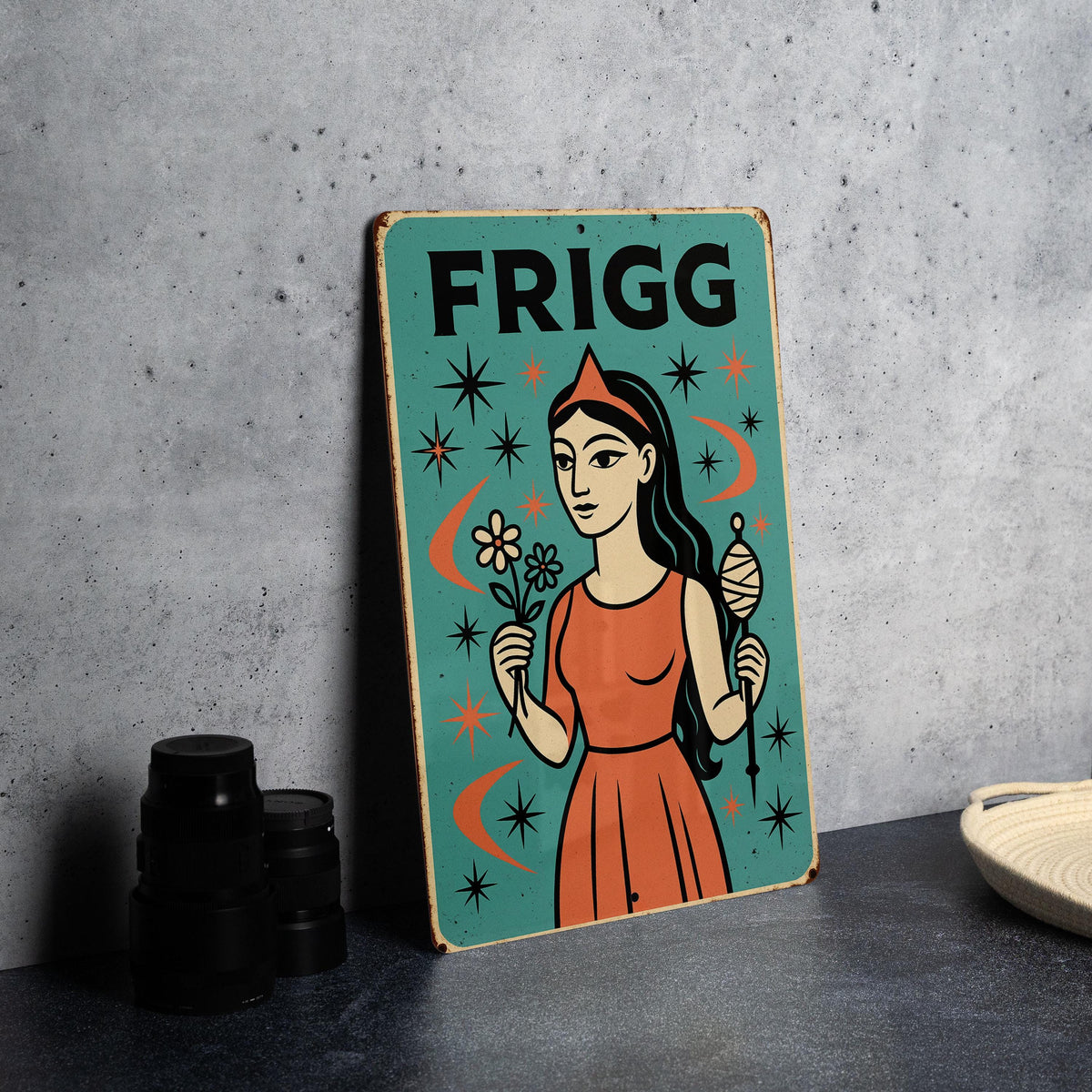 Atomic Age Frigg Goddess Metal Sign – Turquoise & Coral Starburst, Retro Boomerang Wall Art, Mid Century Modern Decor — photo 1