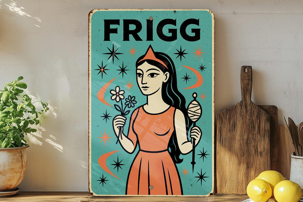 Atomic Age Frigg Goddess Metal Sign – Turquoise & Coral Starburst, Retro Boomerang Wall Art, Mid Century Modern Decor — photo 4