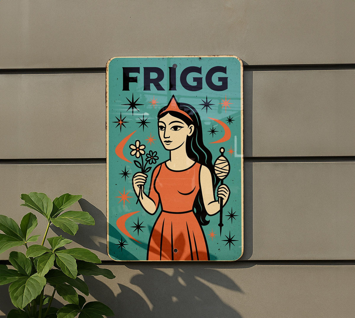 Atomic Age Frigg Goddess Metal Sign – Turquoise & Coral Starburst, Retro Boomerang Wall Art, Mid Century Modern Decor — photo 5