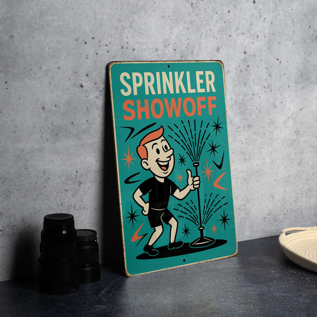 Atomic Age Tin Sign Sprinkler Showoff – Retro Turquoise Coral Boomerang Starburst Metal Wall Art, Mid Century Modern Decor — photo 1