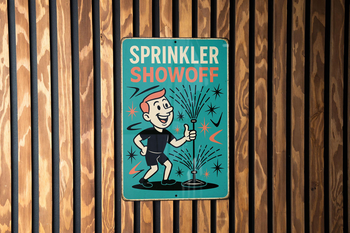 Atomic Age Tin Sign Sprinkler Showoff – Retro Turquoise Coral Boomerang Starburst Metal Wall Art, Mid Century Modern Decor — photo 2