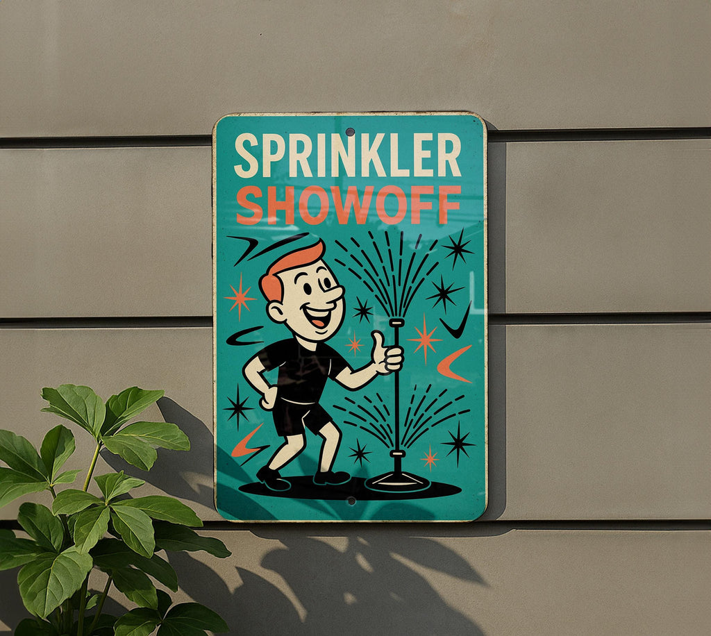 Atomic Age Tin Sign Sprinkler Showoff – Retro Turquoise Coral Boomerang Starburst Metal Wall Art, Mid Century Modern Decor — photo 5