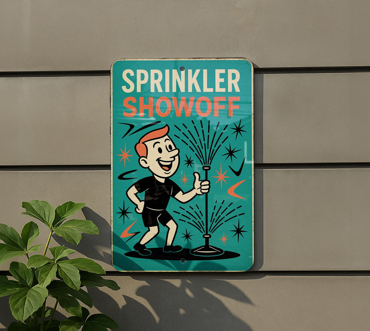 Atomic Age Tin Sign Sprinkler Showoff – Retro Turquoise Coral Boomerang Starburst Metal Wall Art, Mid Century Modern Decor — photo 5
