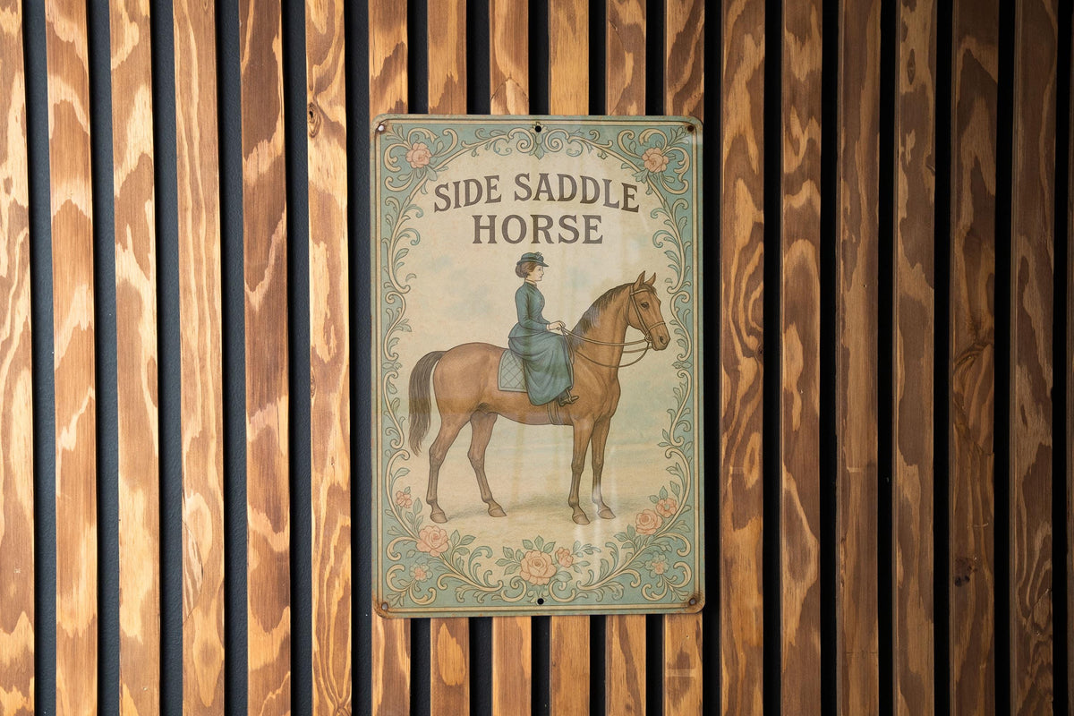 Belle Époque Side Saddle Horse Metal Sign – Vintage Floral Tin Wall Art, Parisian Pastel Decor, Ornate Patina Equestrian Plaque — photo 1