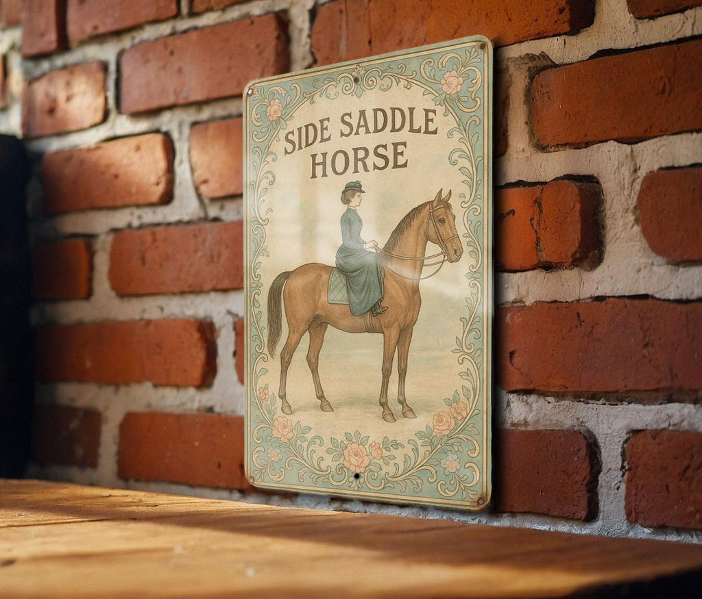 Belle Époque Side Saddle Horse Metal Sign – Vintage Floral Tin Wall Art, Parisian Pastel Decor, Ornate Patina Equestrian Plaque — photo 3