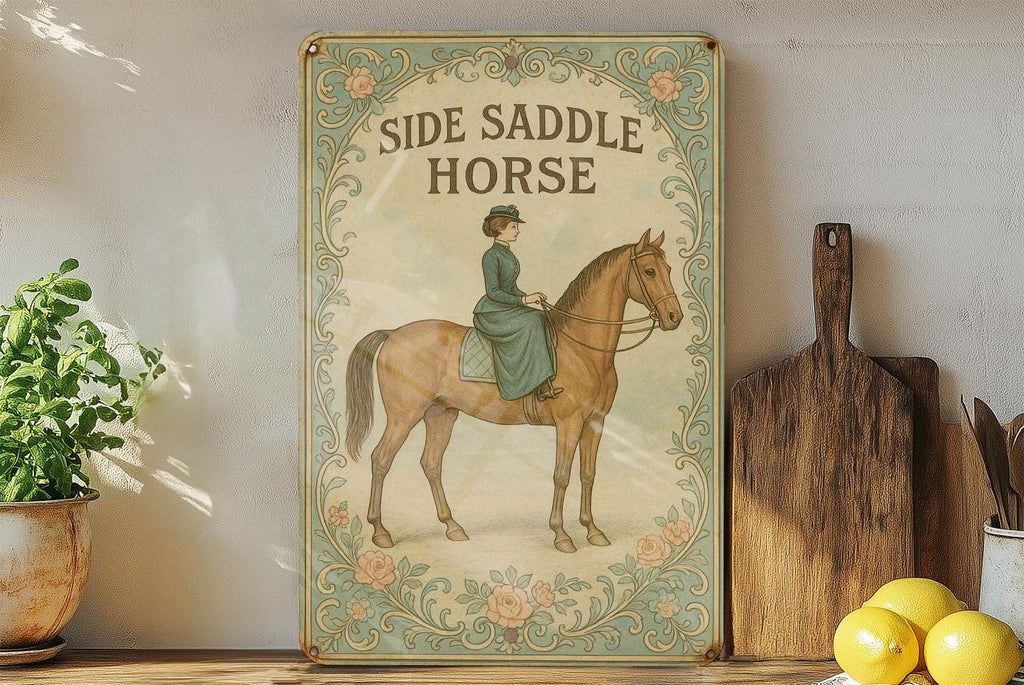 Belle Époque Side Saddle Horse Metal Sign – Vintage Floral Tin Wall Art, Parisian Pastel Decor, Ornate Patina Equestrian Plaque — photo 4