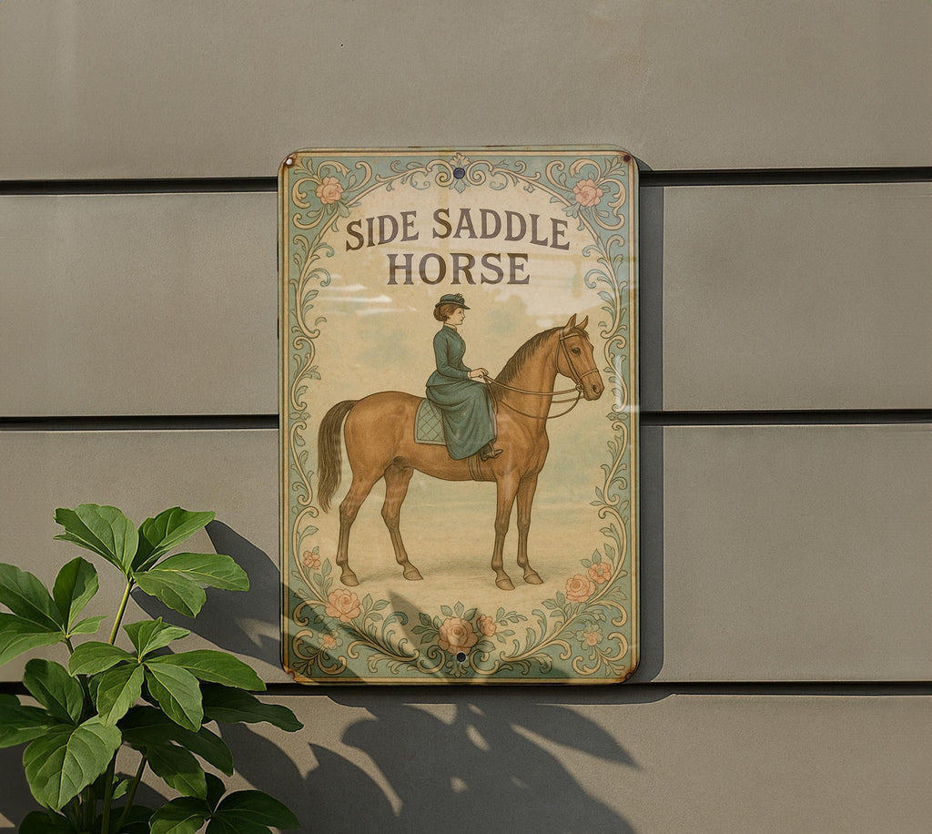 Belle Époque Side Saddle Horse Metal Sign – Vintage Floral Tin Wall Art, Parisian Pastel Decor, Ornate Patina Equestrian Plaque — photo 5
