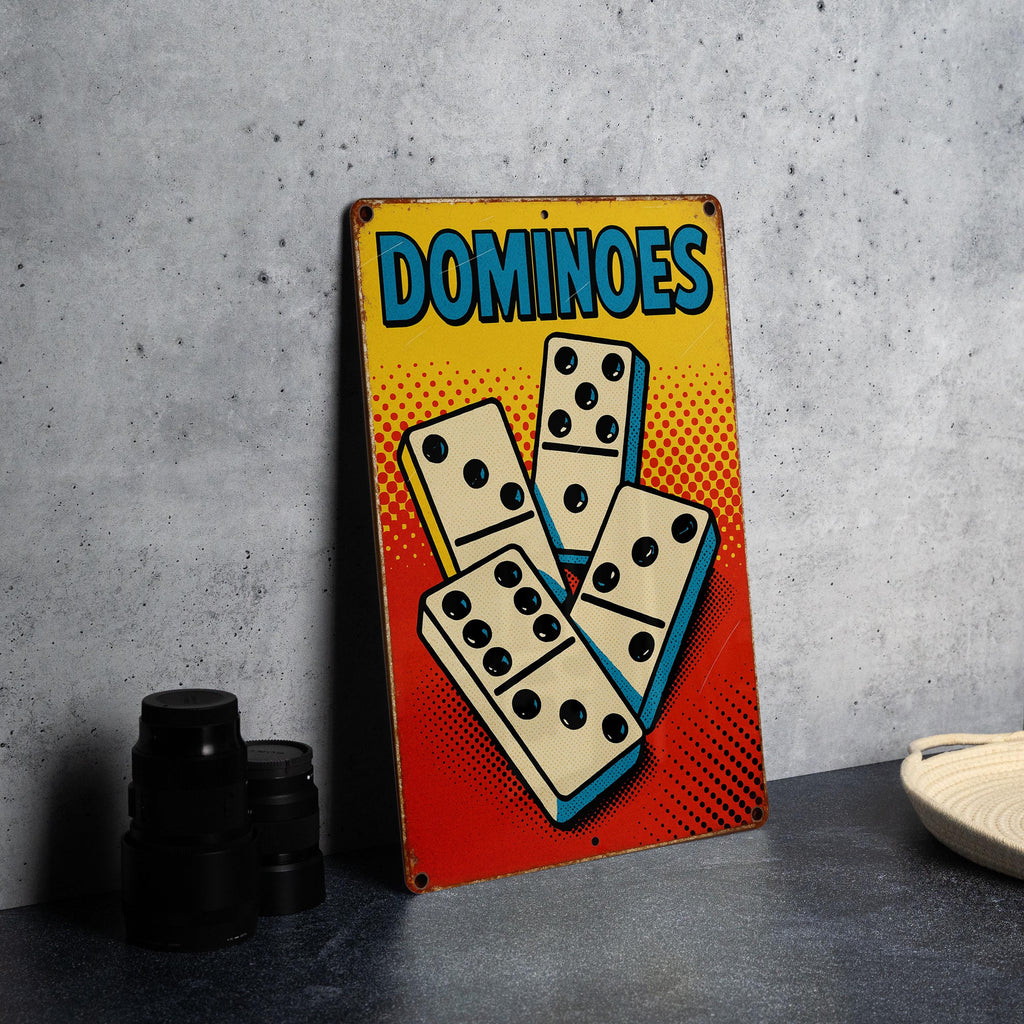 Pop Art Dominoes Tin Sign – Retro Comic Style Metal Wall Decor, Bold Colors, Ben-Day Dots, Vintage Look, Game Room Art — photo 1