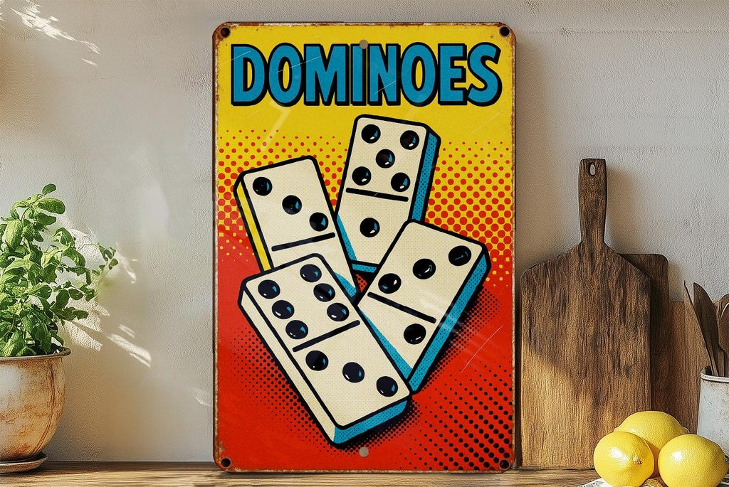 Pop Art Dominoes Tin Sign – Retro Comic Style Metal Wall Decor, Bold Colors, Ben-Day Dots, Vintage Look, Game Room Art — photo 4