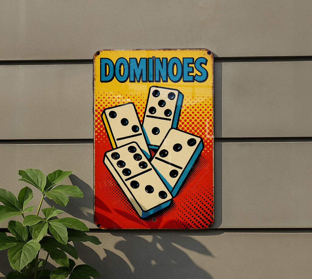 Pop Art Dominoes Tin Sign – Retro Comic Style Metal Wall Decor, Bold Colors, Ben-Day Dots, Vintage Look, Game Room Art — photo 5