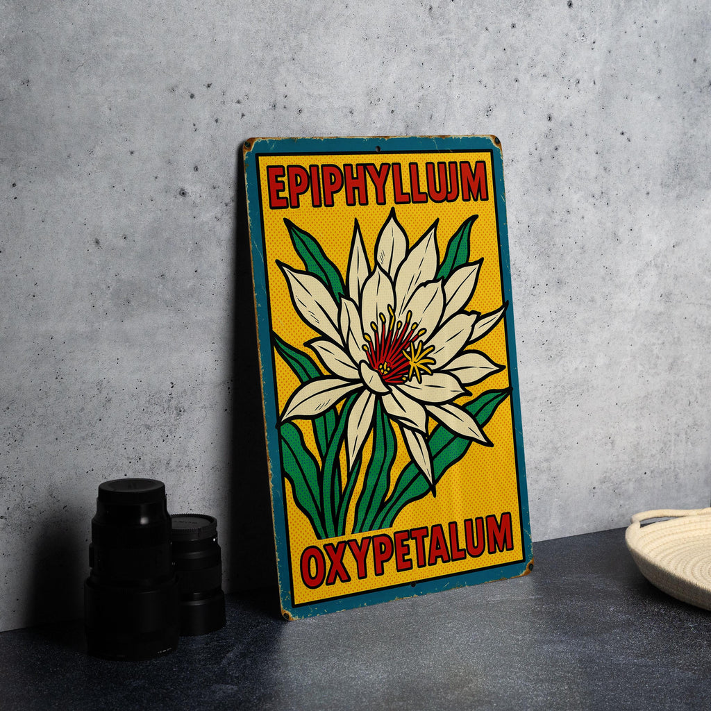 Pop Art Epiphyllum Oxypetalum Metal Sign – Comic Style Wall Decor with Ben-Day Dots, Bold Lines, Retro Tin Artwork — photo 1