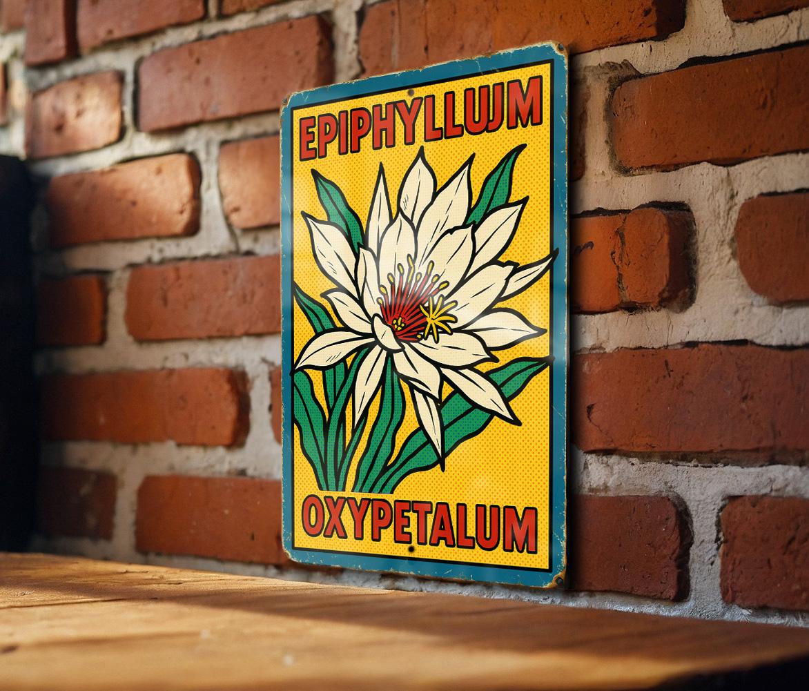 Pop Art Epiphyllum Oxypetalum Metal Sign – Comic Style Wall Decor with Ben-Day Dots, Bold Lines, Retro Tin Artwork — photo 3