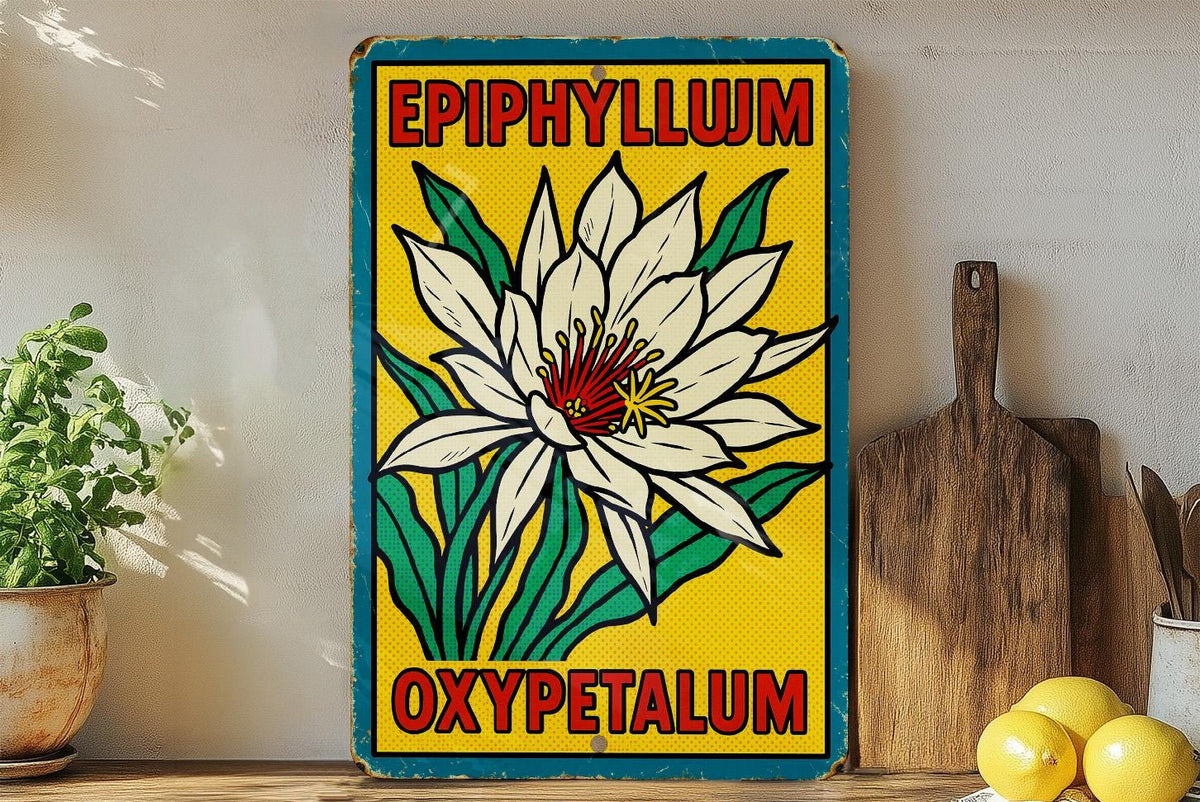 Pop Art Epiphyllum Oxypetalum Metal Sign – Comic Style Wall Decor with Ben-Day Dots, Bold Lines, Retro Tin Artwork — photo 4