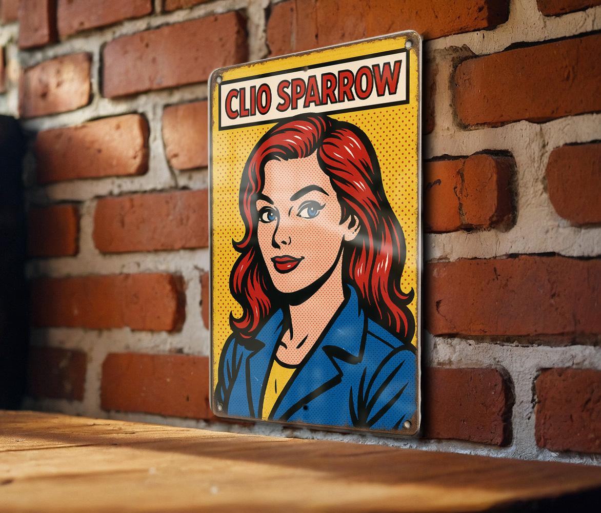 Pop Art Comic Metal Sign Clio Sparrow – Retro Tin Wall Decor, Bold Colors, Ben-Day Dots, Vintage Style Art Panel — photo 1