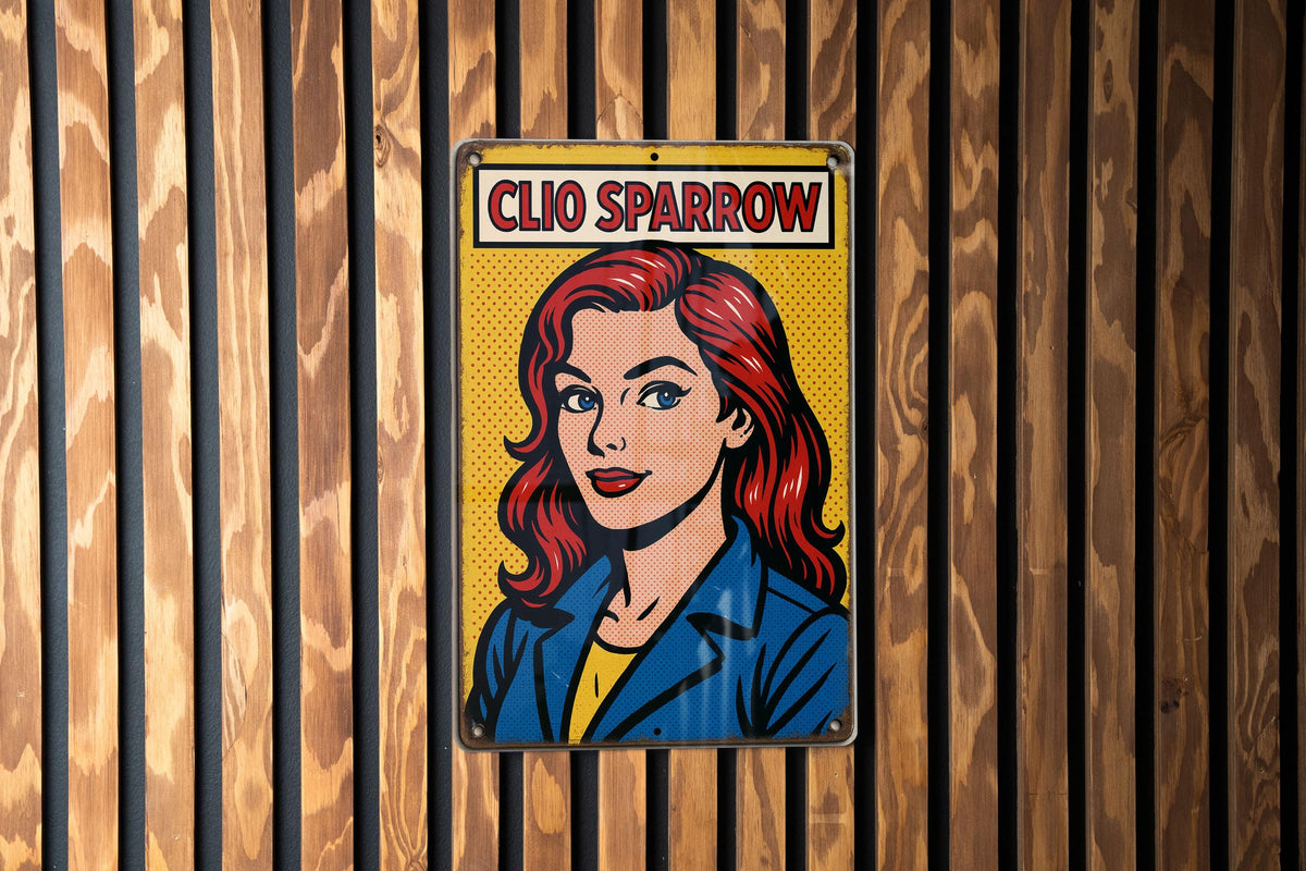Pop Art Comic Metal Sign Clio Sparrow – Retro Tin Wall Decor, Bold Colors, Ben-Day Dots, Vintage Style Art Panel — photo 2