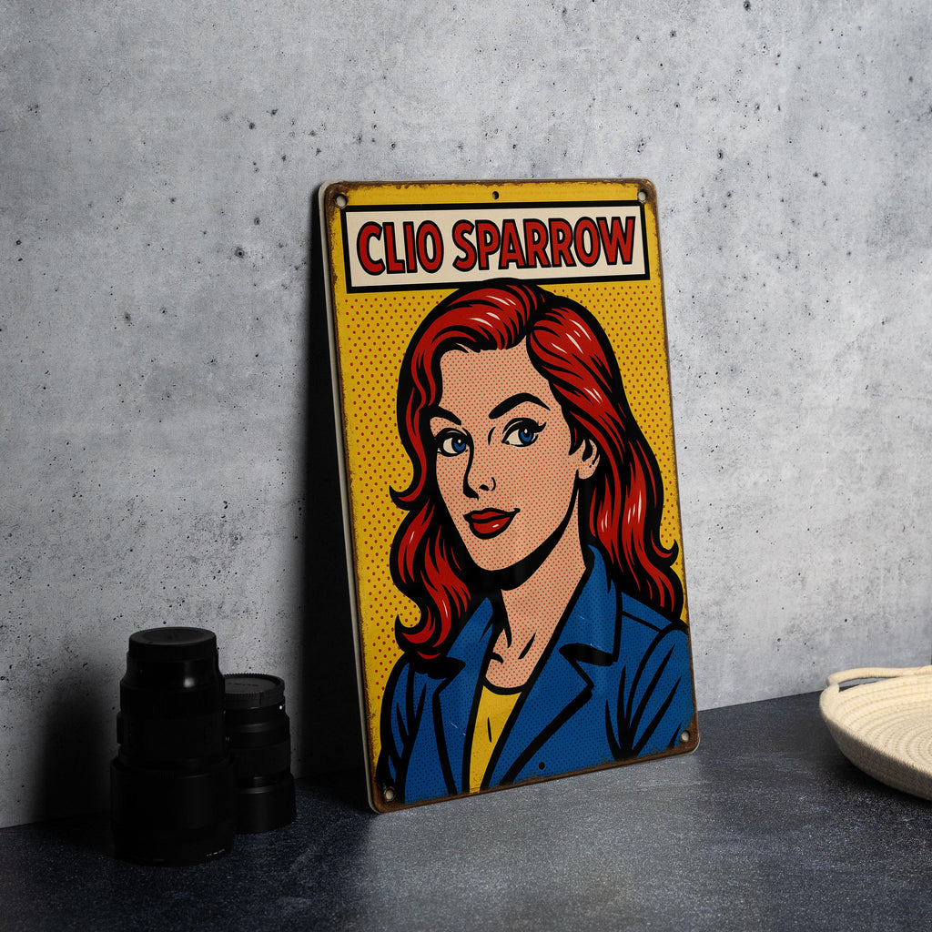 Pop Art Comic Metal Sign Clio Sparrow – Retro Tin Wall Decor, Bold Colors, Ben-Day Dots, Vintage Style Art Panel — photo 3