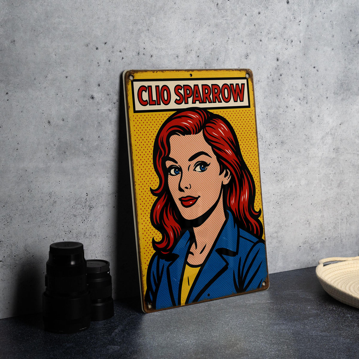 Pop Art Comic Metal Sign Clio Sparrow – Retro Tin Wall Decor, Bold Colors, Ben-Day Dots, Vintage Style Art Panel — photo 3