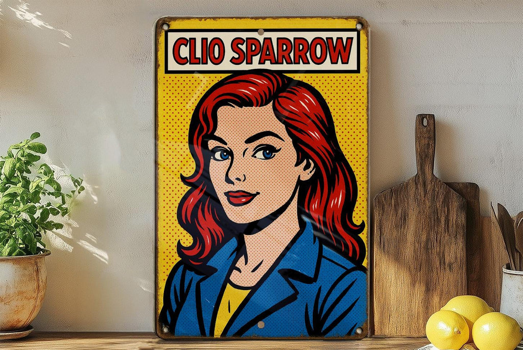 Pop Art Comic Metal Sign Clio Sparrow – Retro Tin Wall Decor, Bold Colors, Ben-Day Dots, Vintage Style Art Panel — photo 4