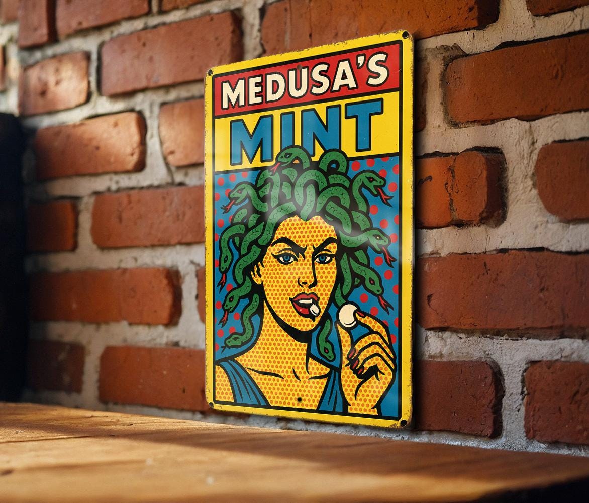 Pop Art Medusa Tin Sign – Comic Style Wall Decor, Retro Metal Poster with Bold Lines, Ben-Day Dots, Vintage Scratch Look — photo 3