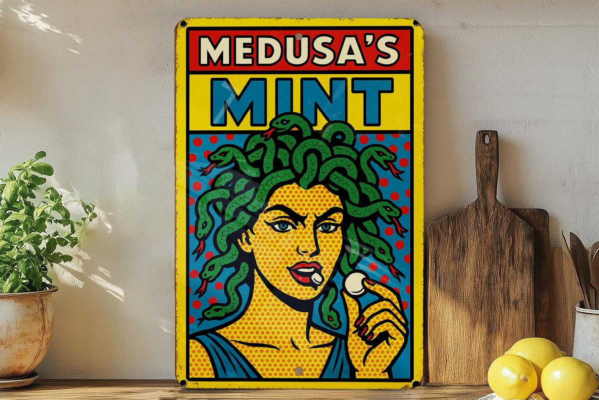 Pop Art Medusa Tin Sign – Comic Style Wall Decor, Retro Metal Poster with Bold Lines, Ben-Day Dots, Vintage Scratch Look — photo 4