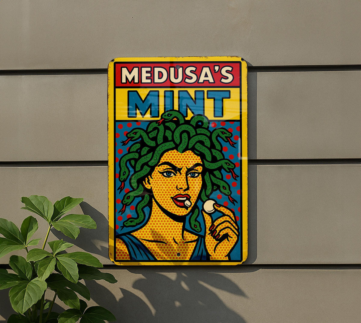 Pop Art Medusa Tin Sign – Comic Style Wall Decor, Retro Metal Poster with Bold Lines, Ben-Day Dots, Vintage Scratch Look — photo 5